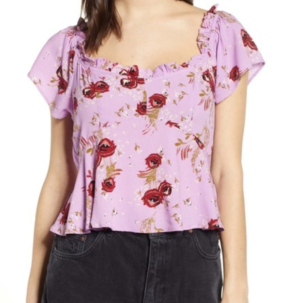 Row A Lavender Flouce Sleeve Floral Top Size L NWT